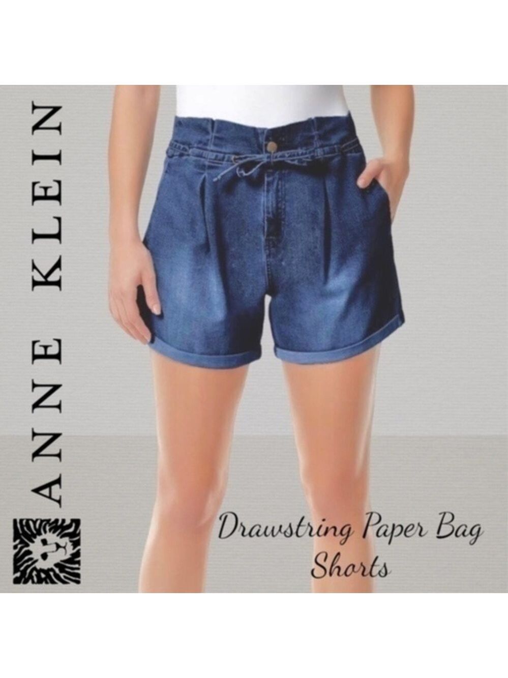 ANNE KLEIN Dark Navy Drawstring Paper Bag Jean Shorts NWT/Size 14